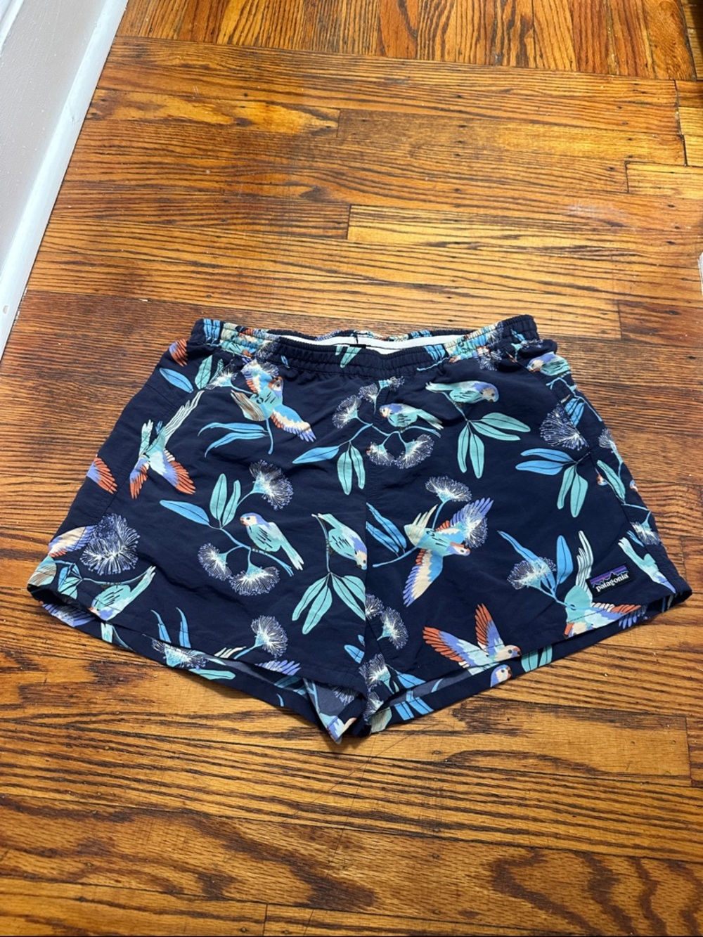 Patagonia Women's Navy Parrot Print baggies shorts